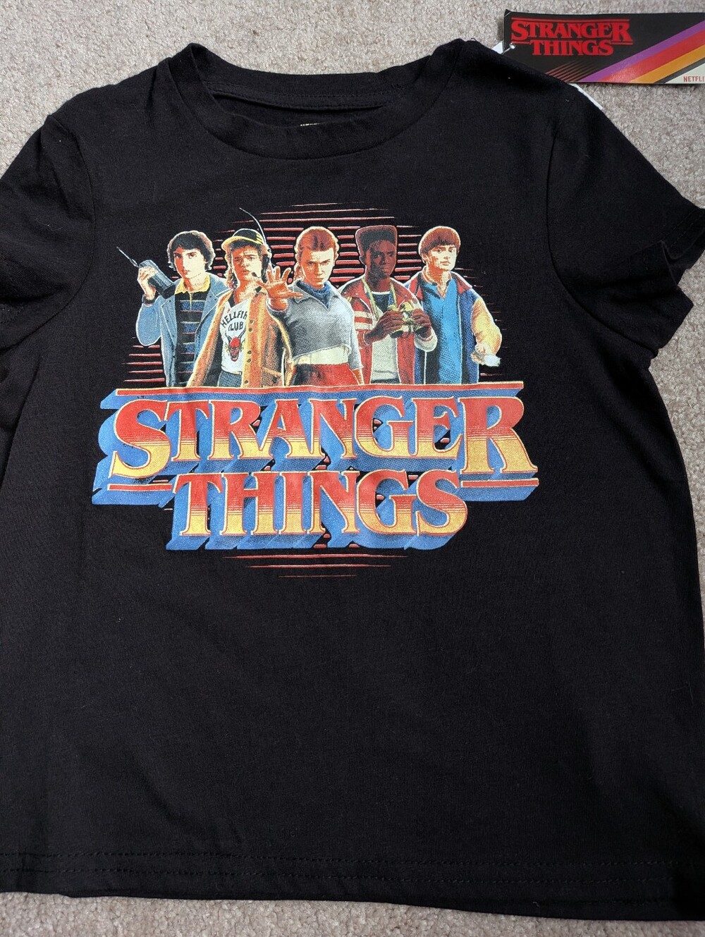 Official Netflix Stranger Things Black Tee with Retro Red & Blue Logo - Kids